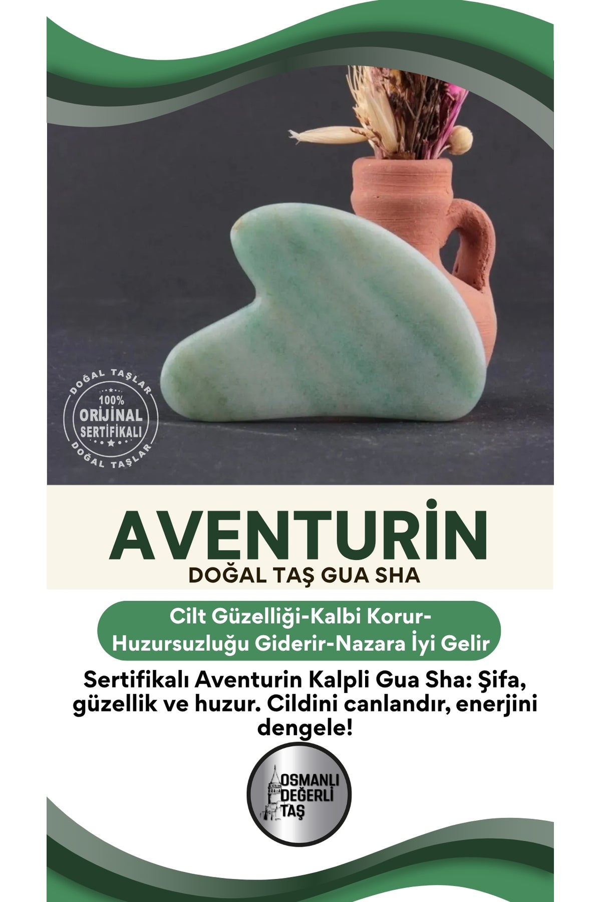 Sertifikalı Aventurin Doğal Taş Kalpli Gua Sha Masaj Aleti Ma030