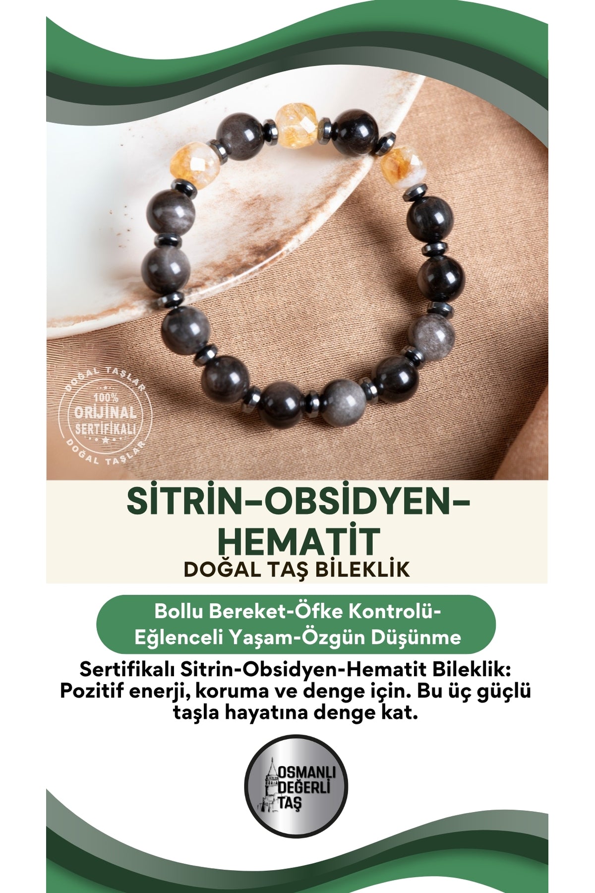 SERTİFİKALI Sitrin-Obsidyen-Hematit Doğal Taş Bileklik