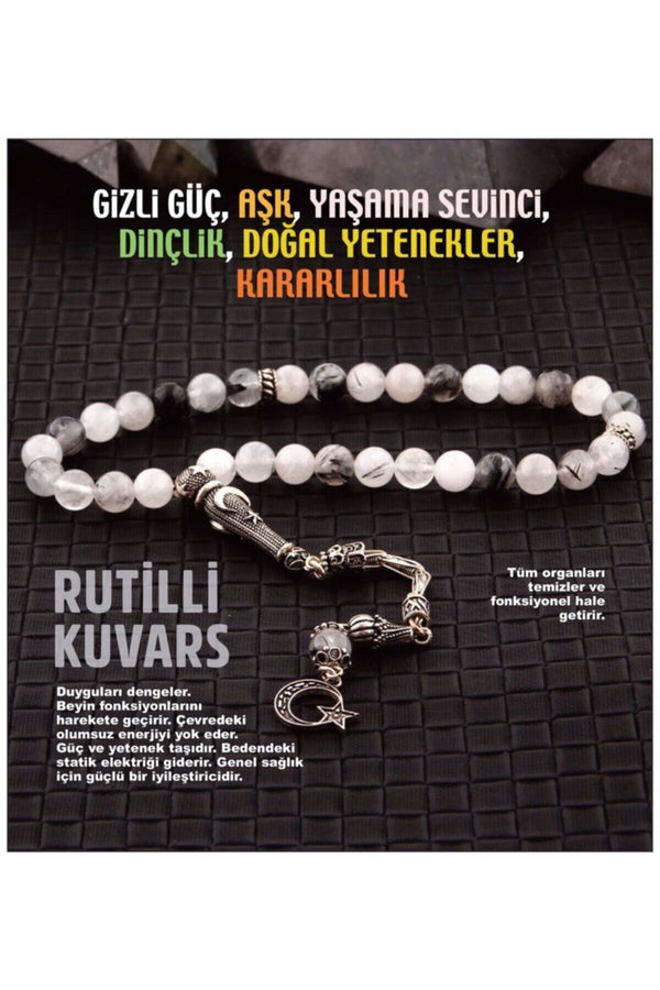 Sertifikalı Rutilli Kuvars 33'lük Doğal Taş Tesbih 8 Mm Gümüş Imame Gümüş Püskül