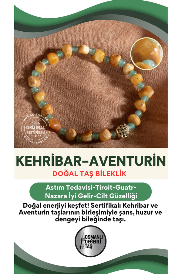 SERTİFİKALI Kehribar-Aventurin Doğal Taş Bileklik