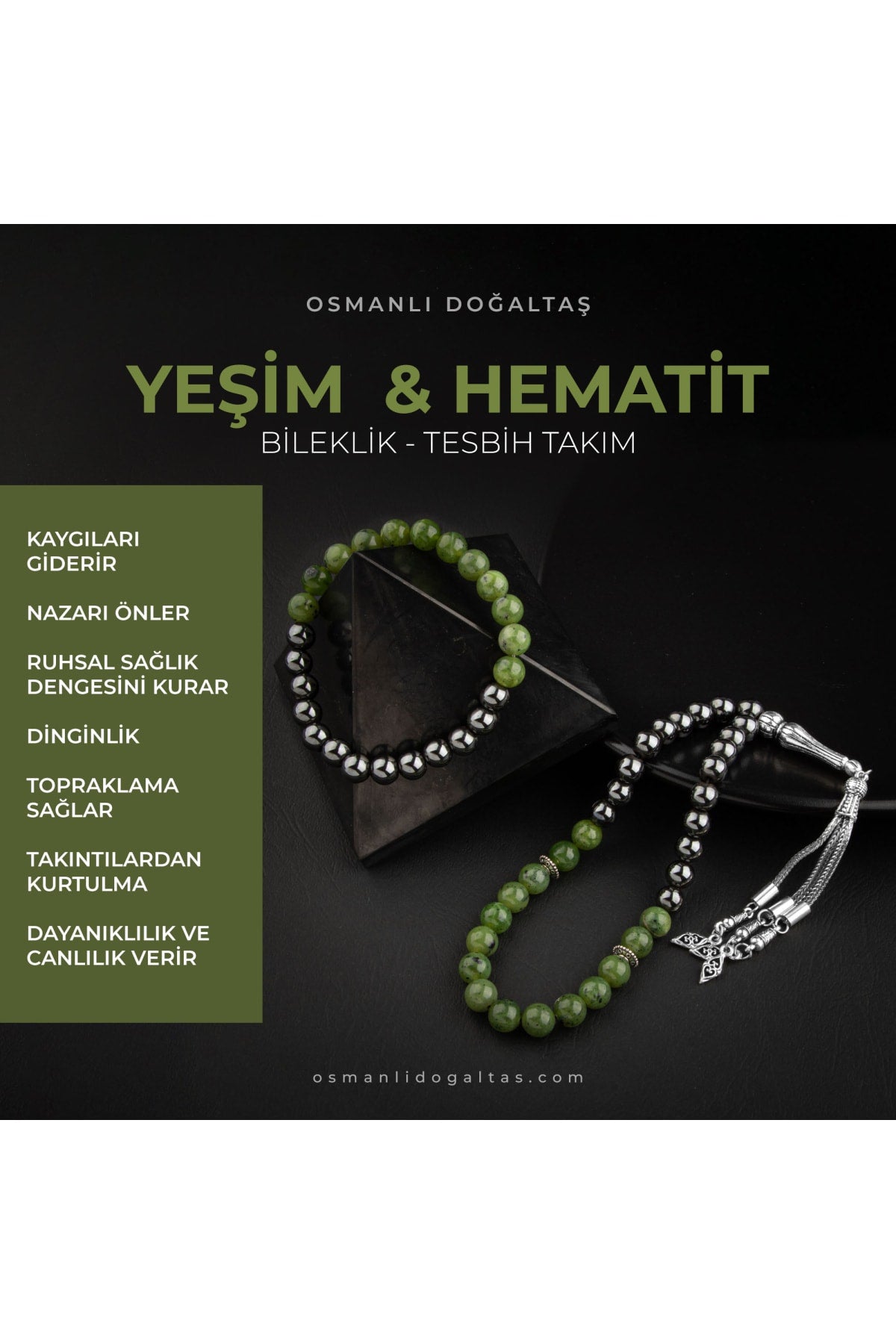 Sertifikalı Yeşim, Hematit Doğal Taşlı 33'lük Tesbih Ve Bileklik Takım