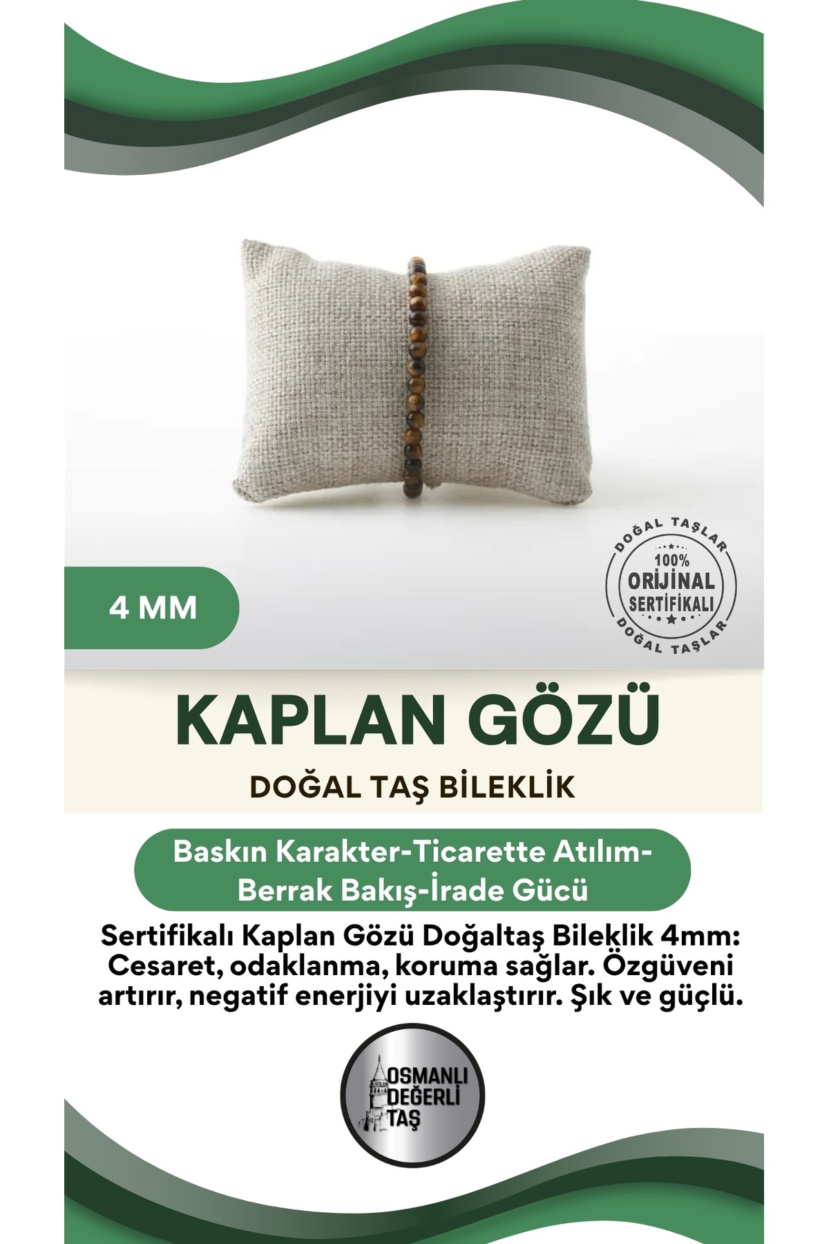 Sertifikalı Kaplan Gözü Doğaltaş Bileklik 4 Mm, B964