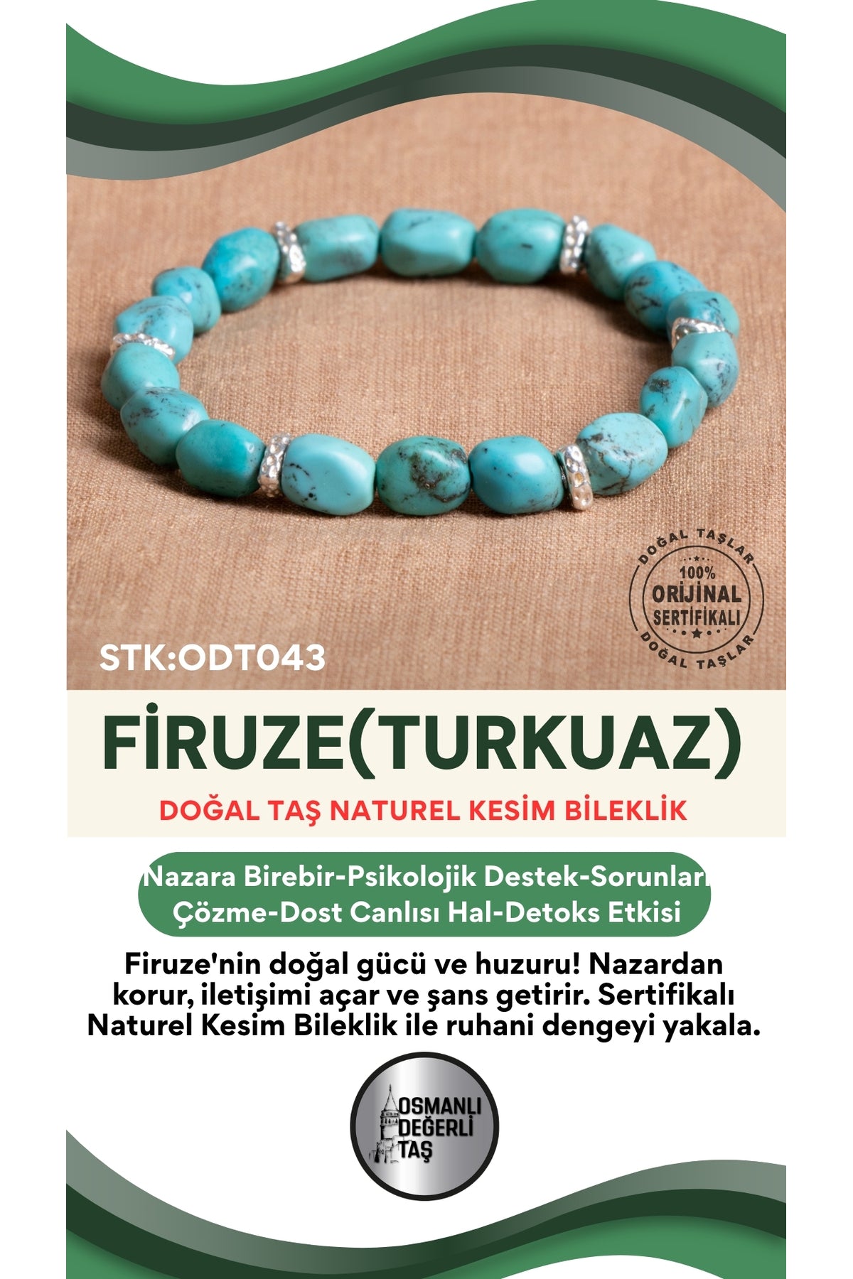 Sertifikalı Firuze(Turkuaz) Doğal Taş Naturel Kesim Bileklik ODT043