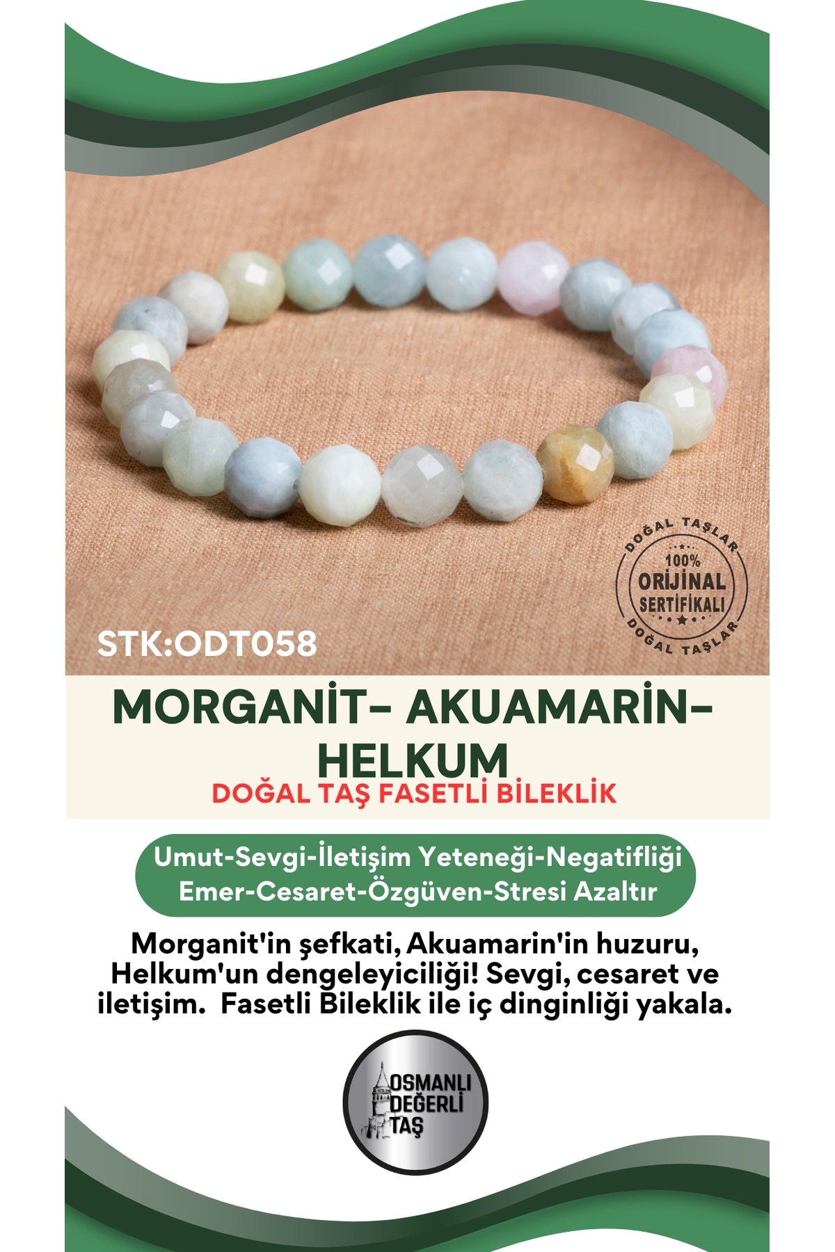 Sertifikalı Morganit-Akuamarin-Helkum Doğal Taş Fasetli Bileklik ODT058