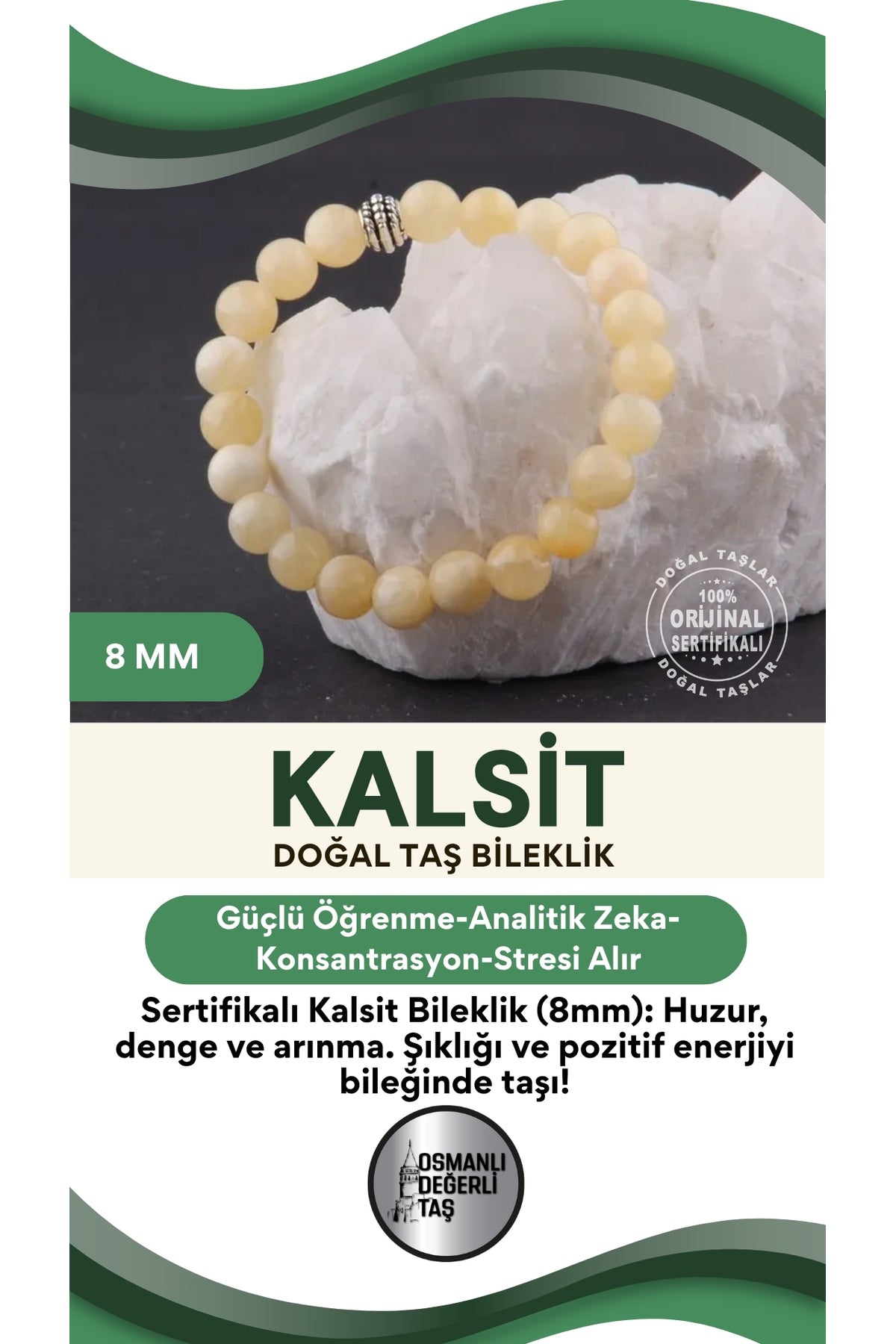 Sertifikalı Kalsit Doğal Taş Bileklik 8 Mm B881