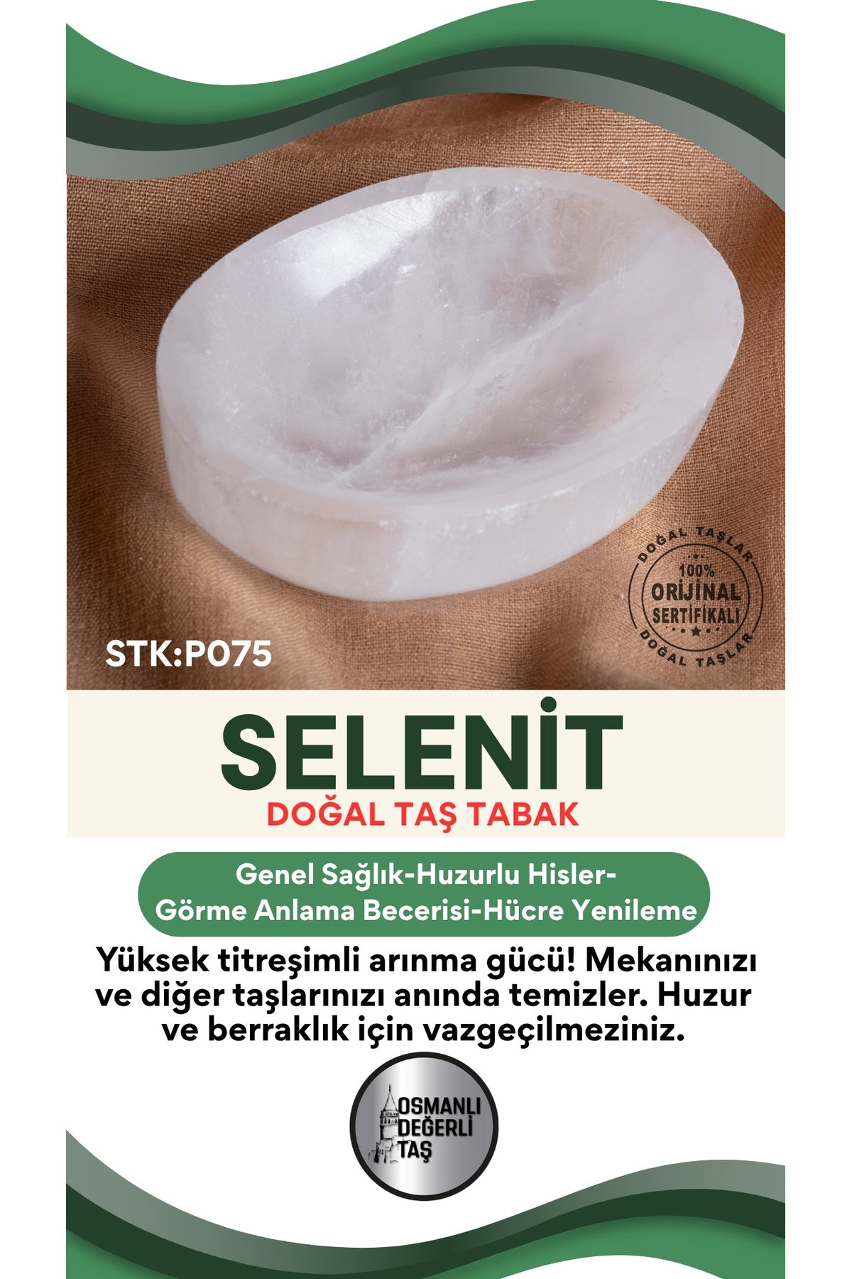 Sertifikalı Selenit Doğal Taş Elips Tabak No:3 P075