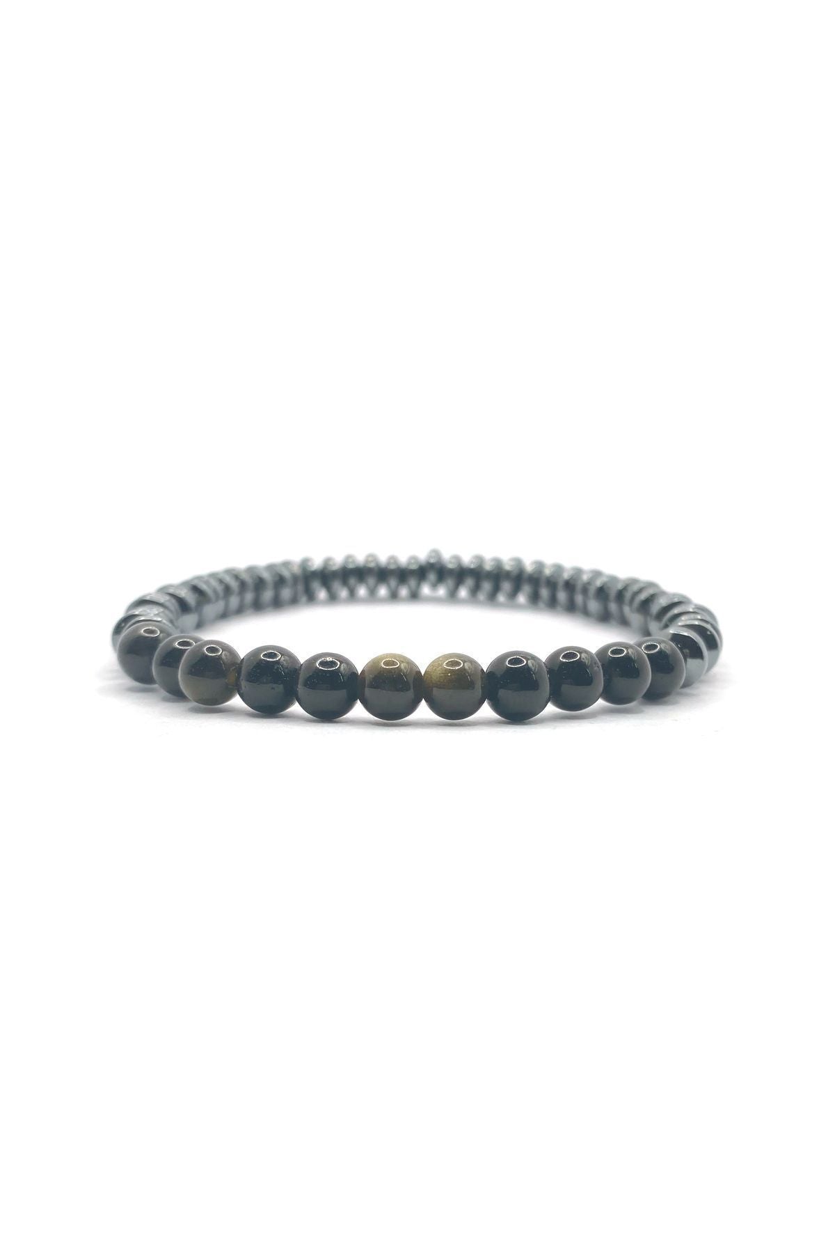 Hakiki Orijinal Sertifikalı 6mm Obsidyen - Hematit Doğal Taş Misinalı Bileklik