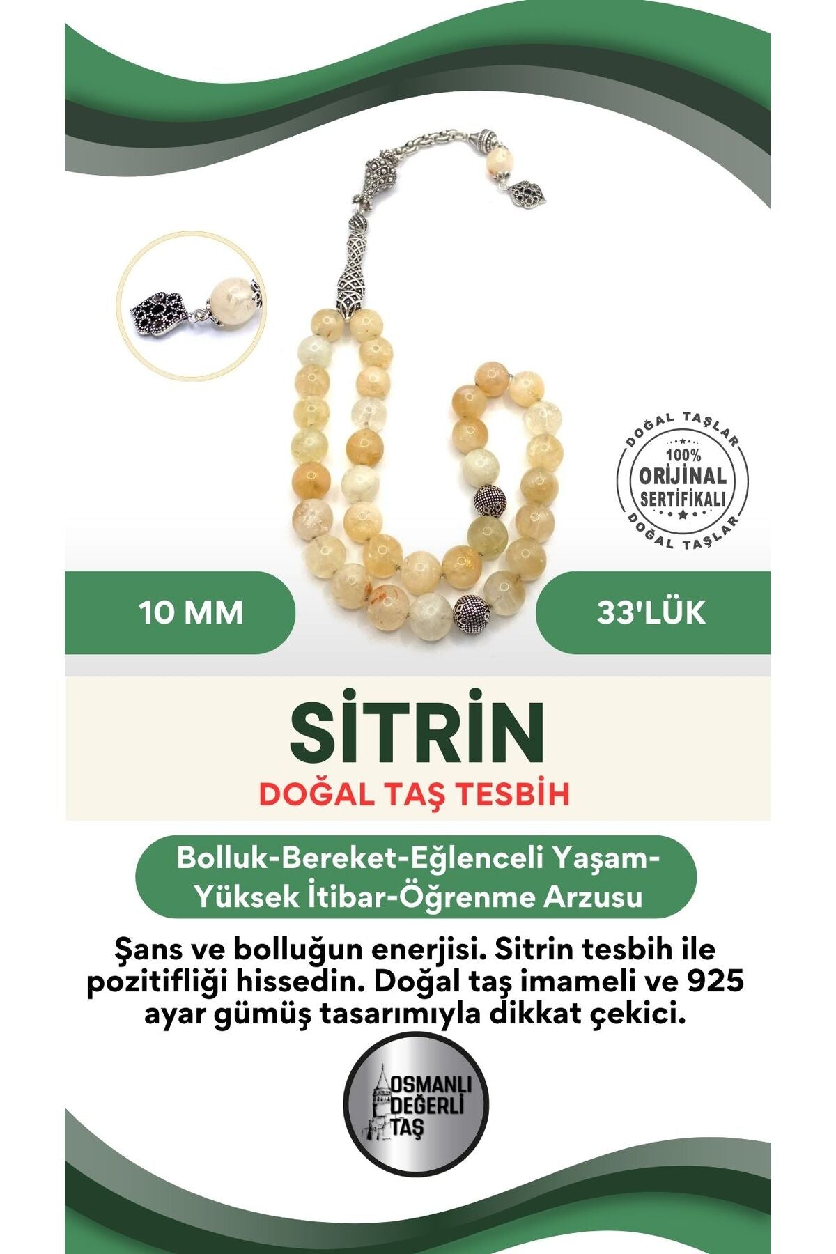 Sitrin 10 Mm Doğal Taş 33'lük Tesbih - Doğal Taşlı Imame 925 Ayar Gümüş