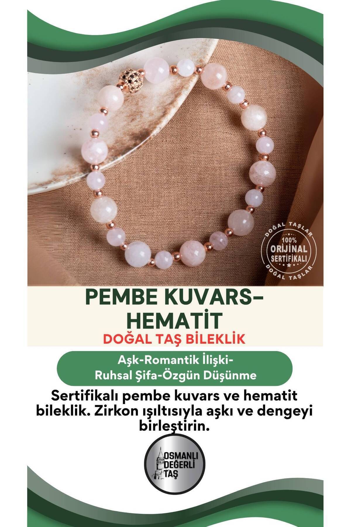 SERTİFİKALI Pembe Kuvars-Hematit Doğal Taş Zirkon Aparatlı Bileklik 6-8 mm