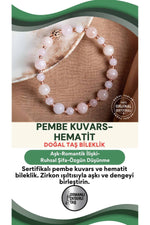 SERTİFİKALI Pembe Kuvars-Hematit Doğal Taş Zirkon Aparatlı Bileklik 6-8 mm