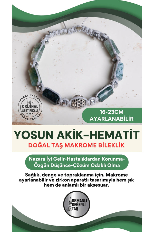 SERTİFİKALI Yosun Akik-Hematit Doğal Taş Makrome Ayarlanabilir Zirkon Aparatlı Bileklik