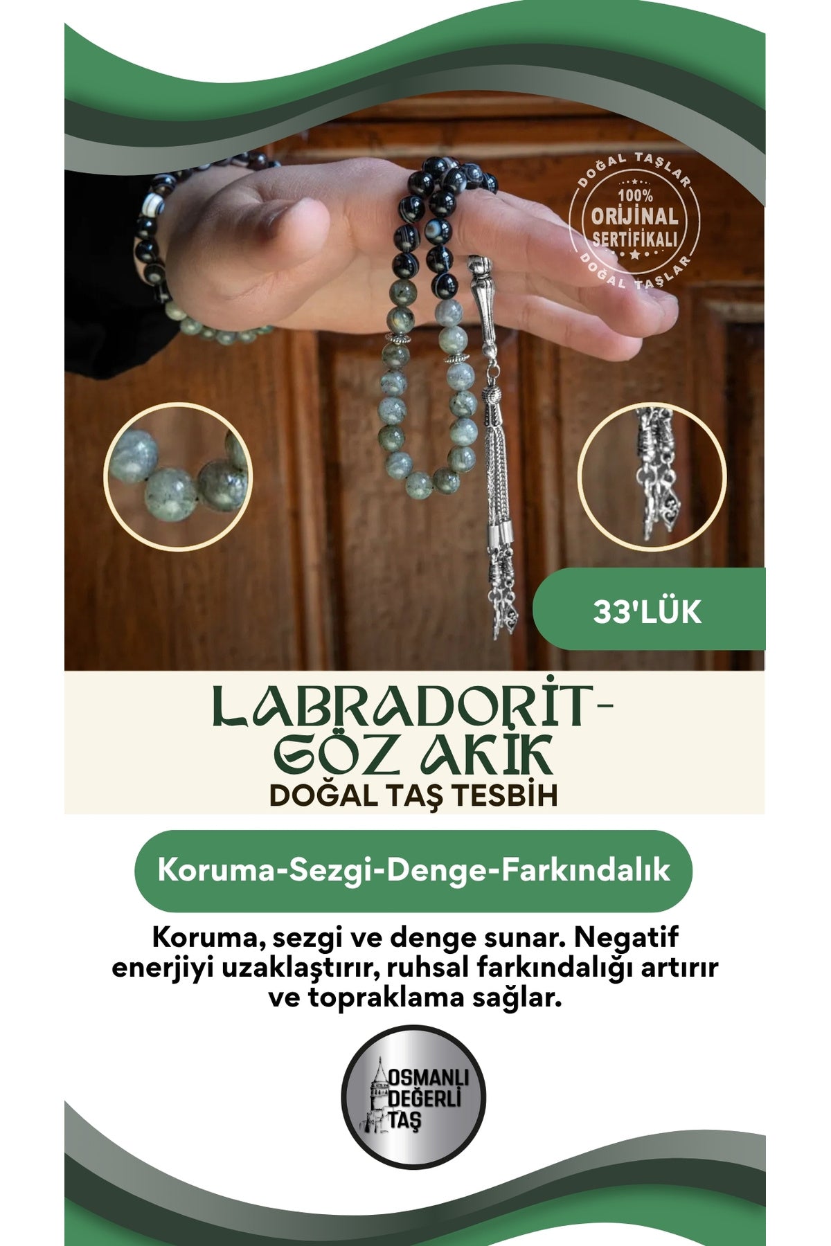 Sertifikalı Labradorit, Göz Akik Doğal Taşlı 33'lük Tesbih ve Bileklik Takım
