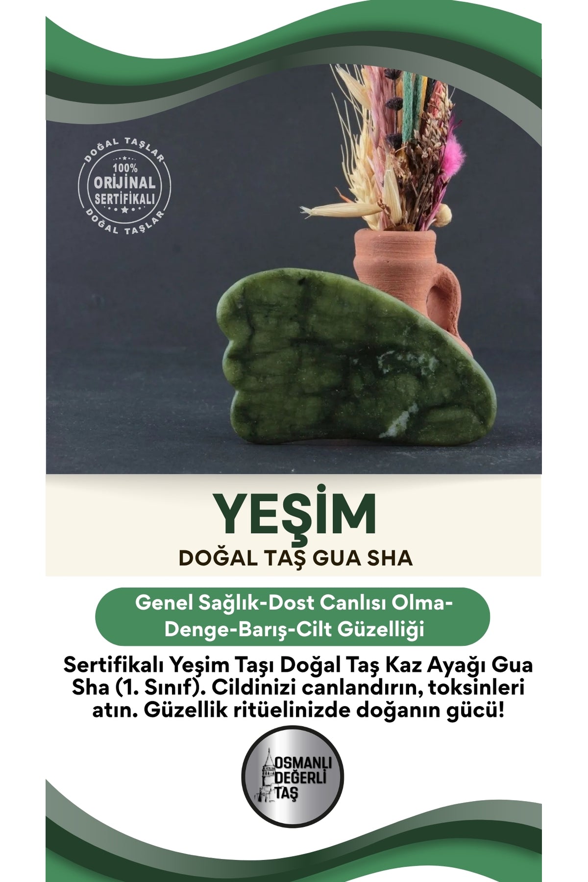Sertifikalı Yeşim Taşı Doğal Taş Kaz Ayağı Gua Sha. 1. Sınıf Sertifikalı Ma035