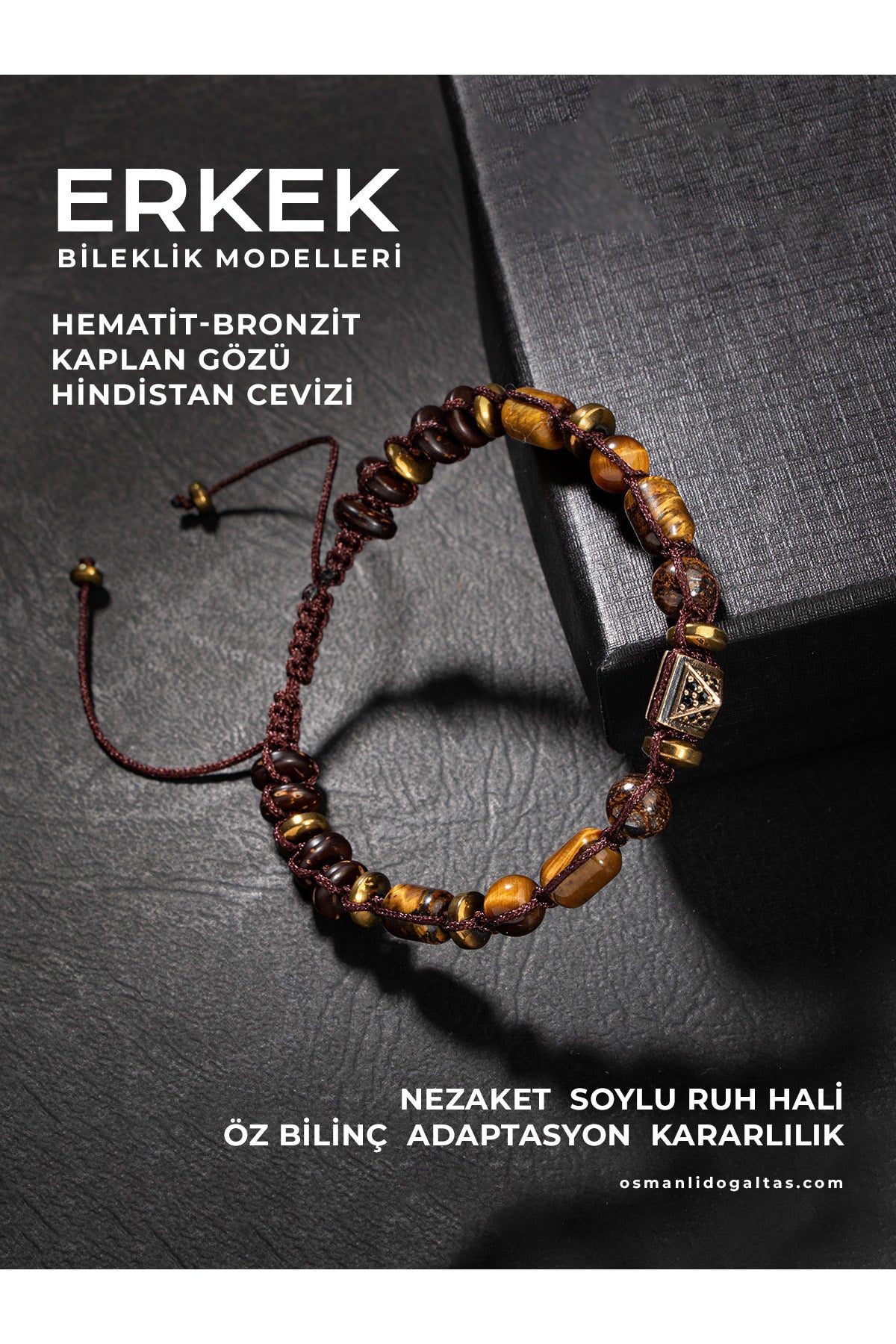 SERTİFİKALI KAPLAN GÖZÜ BRONZİT HEMATİT DOĞAL TAŞLI ZİRKON APARATLI MAKROME ÖRGÜ BİLEKLİK