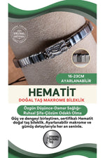 SERTİFİKALI Hematit Doğal Taş Makrome Ayarlanabilir Gümüş Bileklik No:6