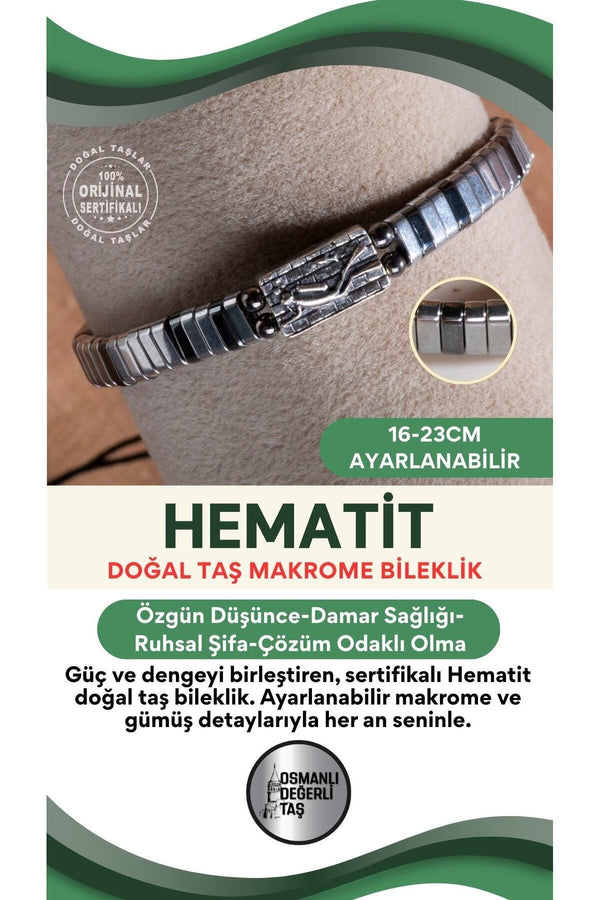 SERTİFİKALI Hematit Doğal Taş Makrome Ayarlanabilir Gümüş Bileklik No:6
