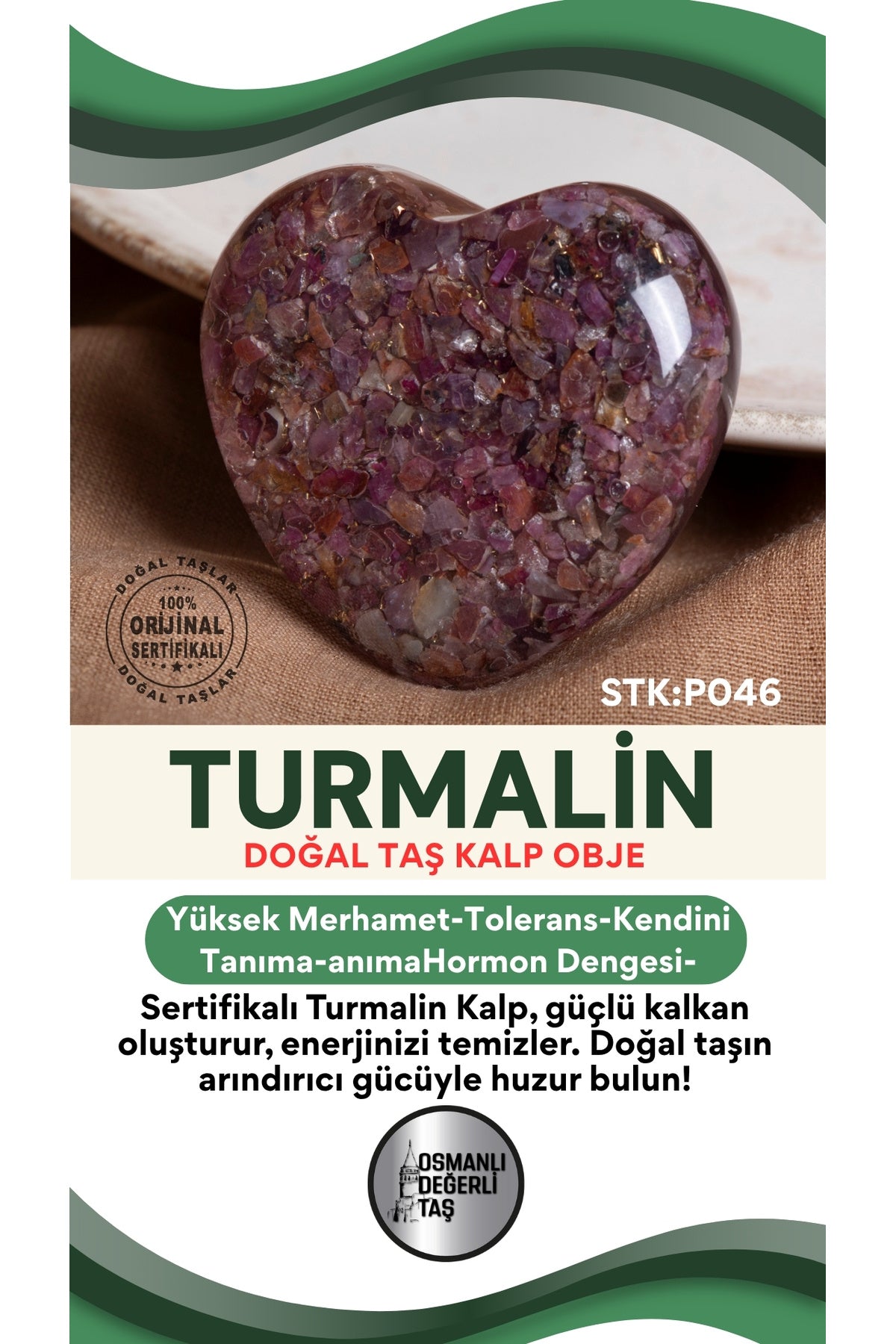 Sertifikalı Turmalin Doğal Taş Kalp Obje P046