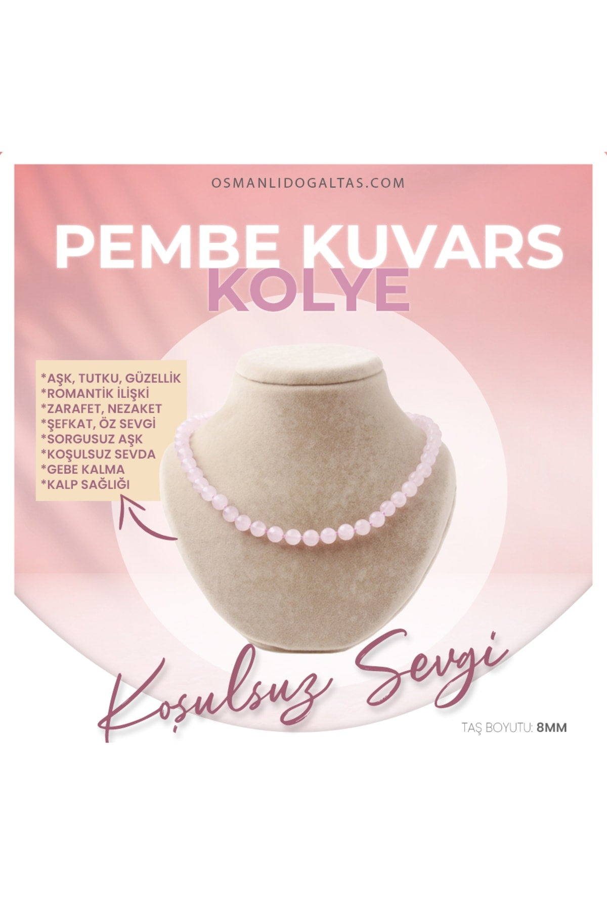 Sertifikalı Pembe Kuvars Doğaltaş Kolye 8 Mm, M536
