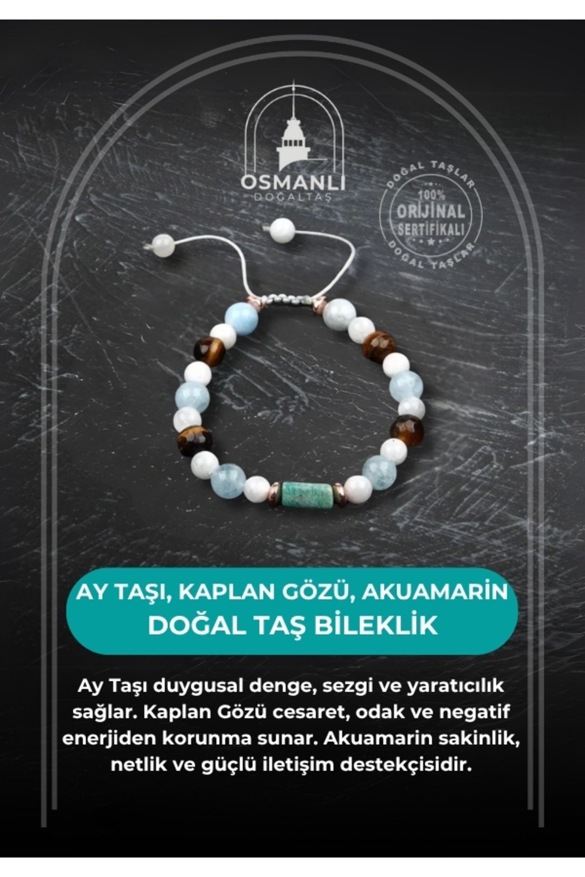 Sertifikalı Aquamarin, Doğal Taş Bileklik - Ay Taşı-kaplan Gözü-Akuamarin