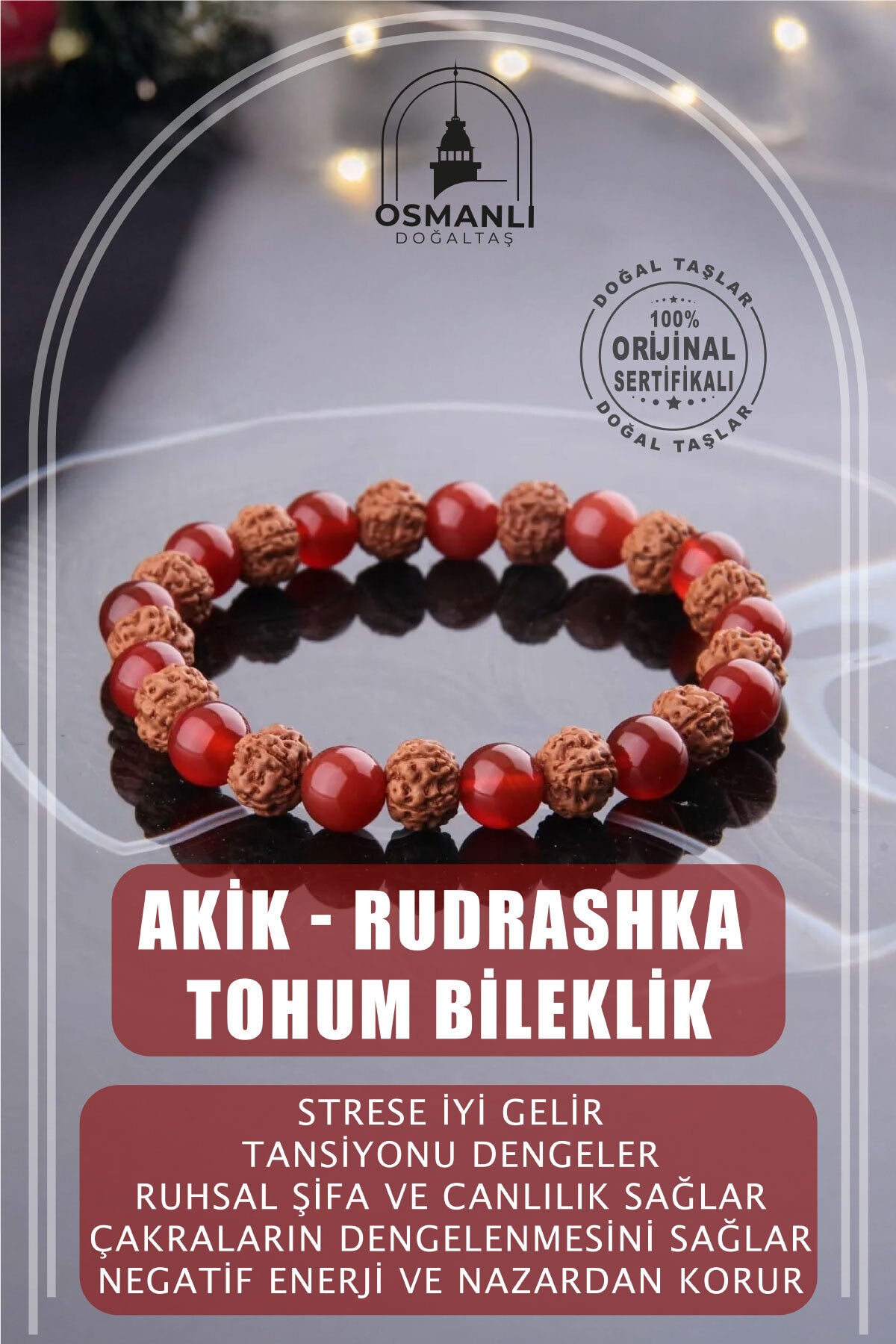 Sertifikalı Akik - Rudrashka Tohum Doğal Taş Bileklik 8 Mm - B803