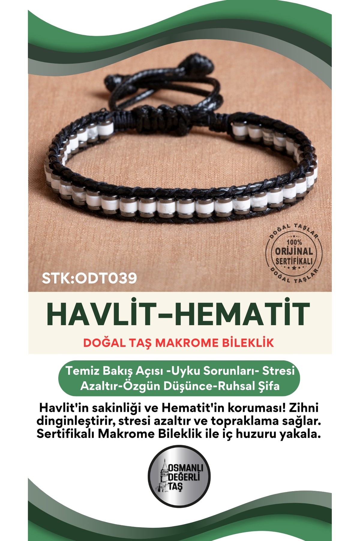 Sertifikalı Havlit-Hematit Doğal Taş Makrome Bileklik ODT039