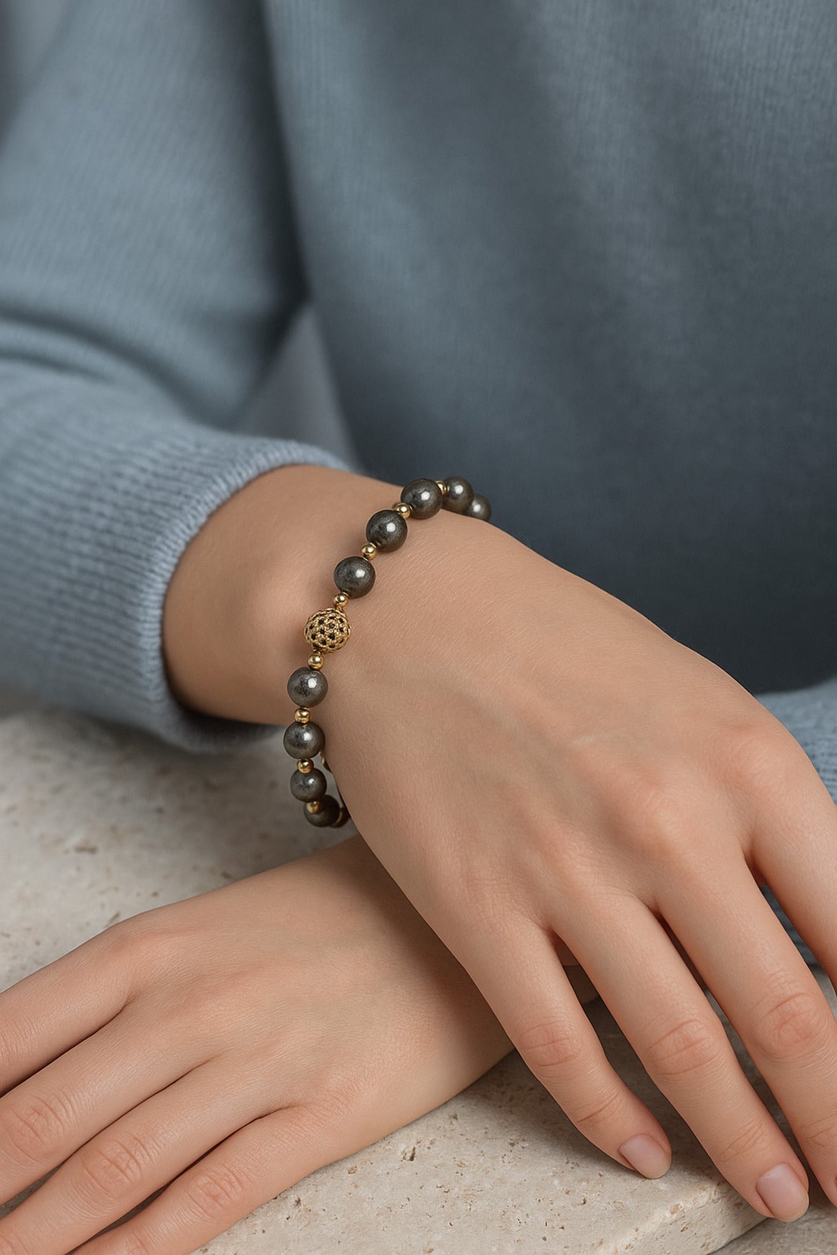 SERTİFİKALI Prit-Hematit Doğal Taş Zirkon Aparatlı Bileklik 6-8 mm