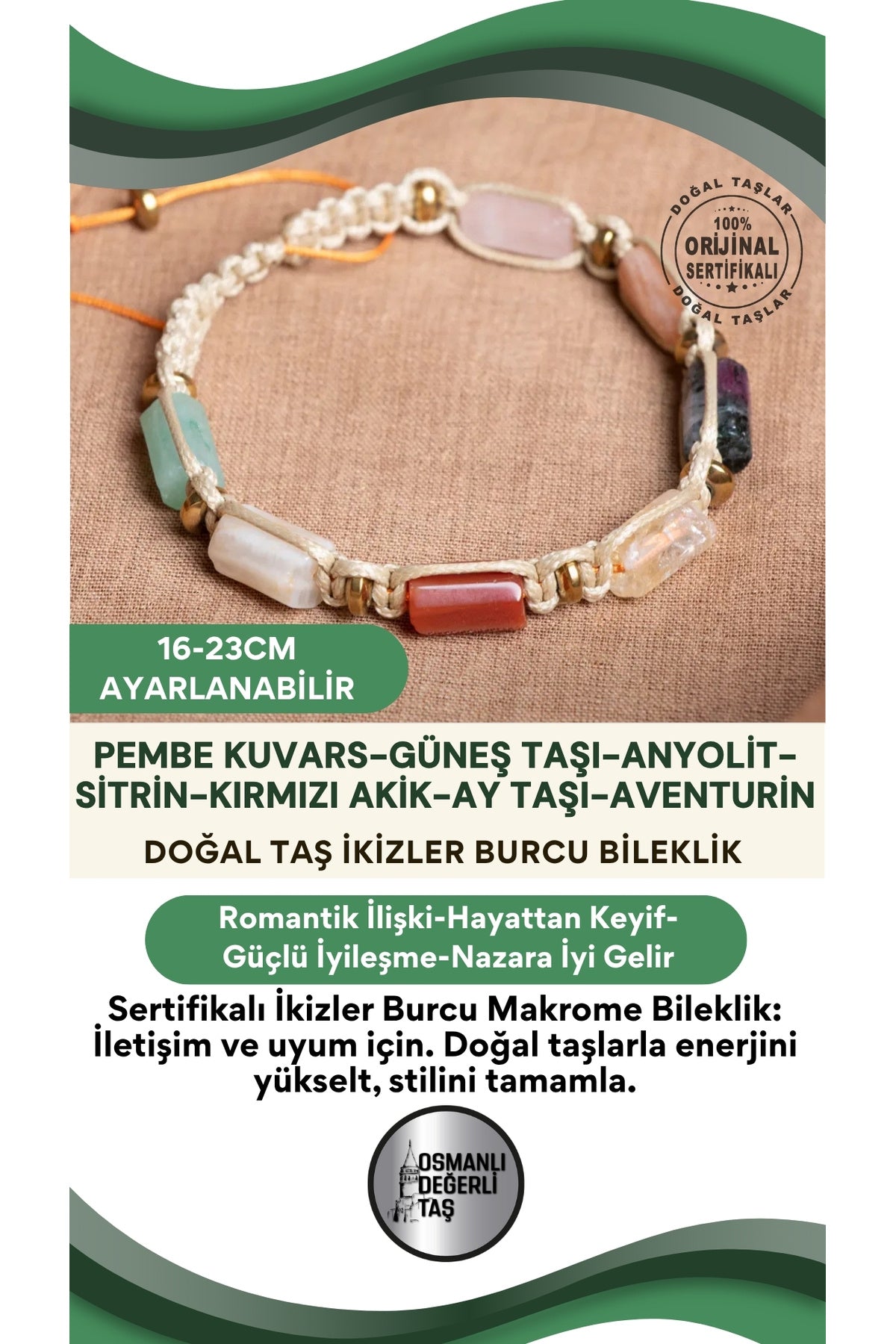 SERTİFİKALI İkizler Burcu Doğal Taş Makrome Ayarlanabilir Bileklik