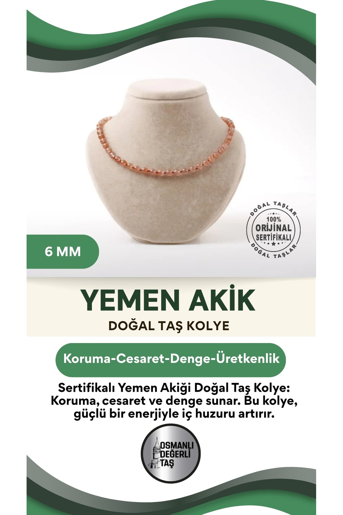 Sertifikalı Yemen Akiği Doğaltaş Kolye 6 Mm, M600
