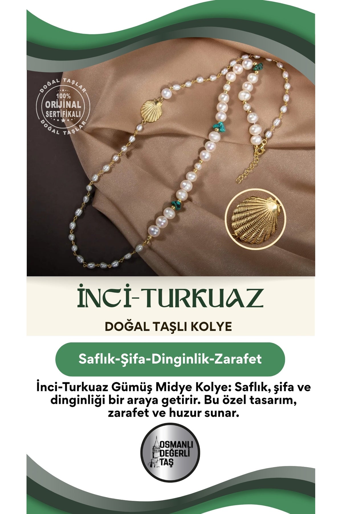 İnci-turkuaz Doğal Taş Gümüş Midye Kolye