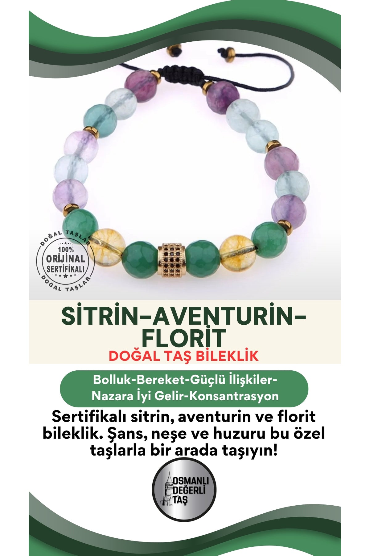 Sertifikalı Doğal Taş Bileklik-sitrin,aventerun,florit B560