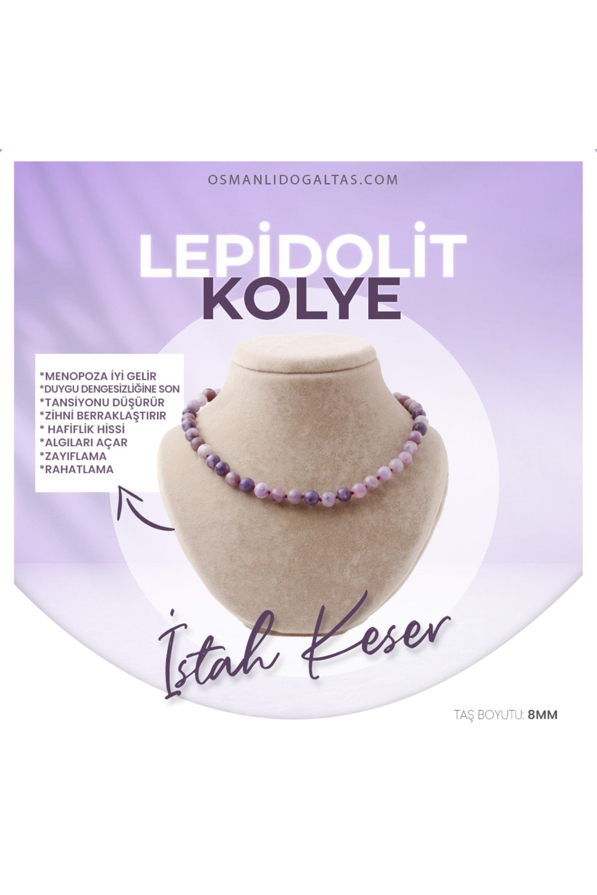 Sertifikalı Lepidolit Doğaltaş Kolye 8 Mm, M533