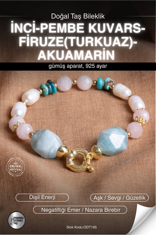 SERTİFİKALI İnci-Pembe Kuvars-Firuze(Turkuaz)-Akuamarin Doğal Taş Altın Kaplama Bileklik ODT195