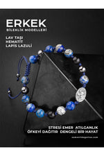 SERTİFİKALI LAPİS LAZULİ HEMATİT DOĞAL TAŞLI ÖRGÜ 925 AYAR GÜMÜŞ TASARIM BİLEKLİK (AT SEMBOLLÜ)