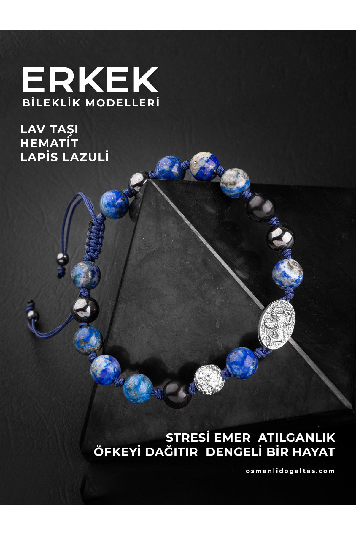SERTİFİKALI LAPİS LAZULİ HEMATİT DOĞAL TAŞLI ÖRGÜ 925 AYAR GÜMÜŞ TASARIM BİLEKLİK (AT SEMBOLLÜ)