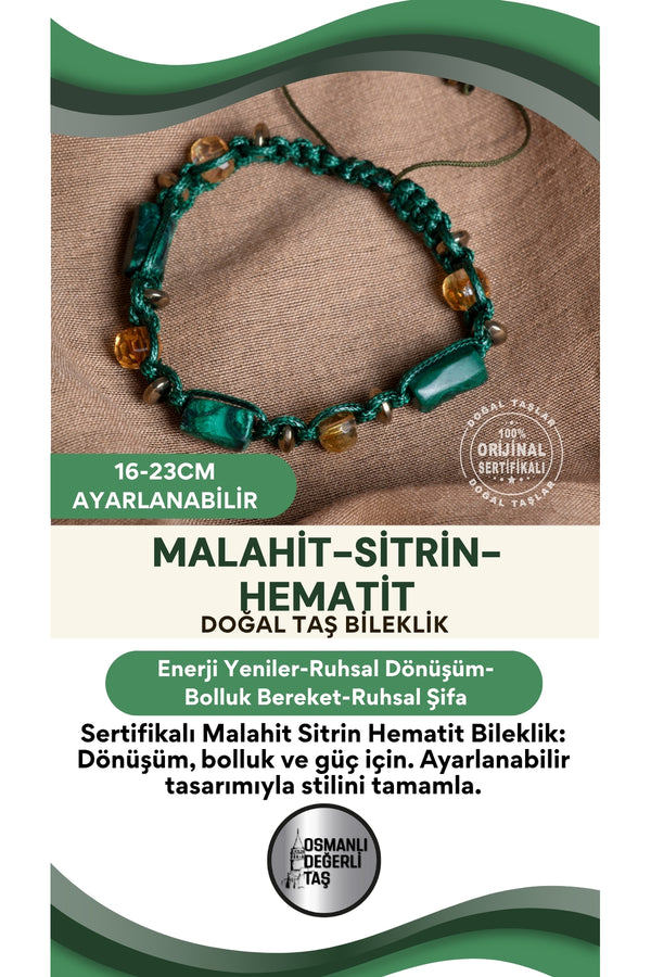 SERTİFİKALI Malahite Sitrin Hematit Doğal Taş Ayarlabilir Bileklik