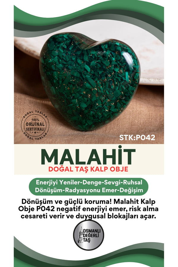 Sertifikalı Malahit Doğal Taş Kalp Obje P042