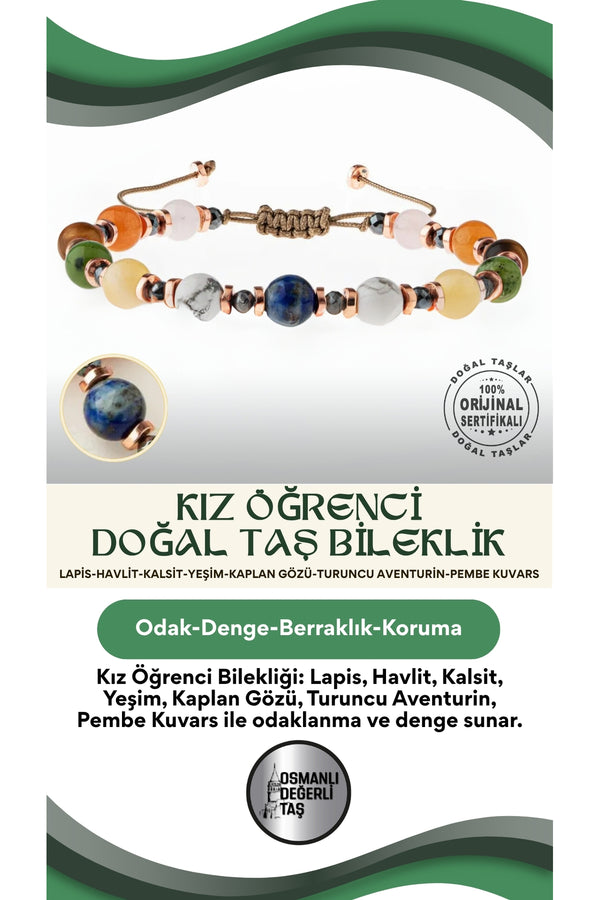 Kız Öğrenci Doğal Taş Bileklik-Lapis-Havlit-Kalsit-Yeşim-Kaplan Gözü-Turuncu Aventurin-Pembe Kuvars