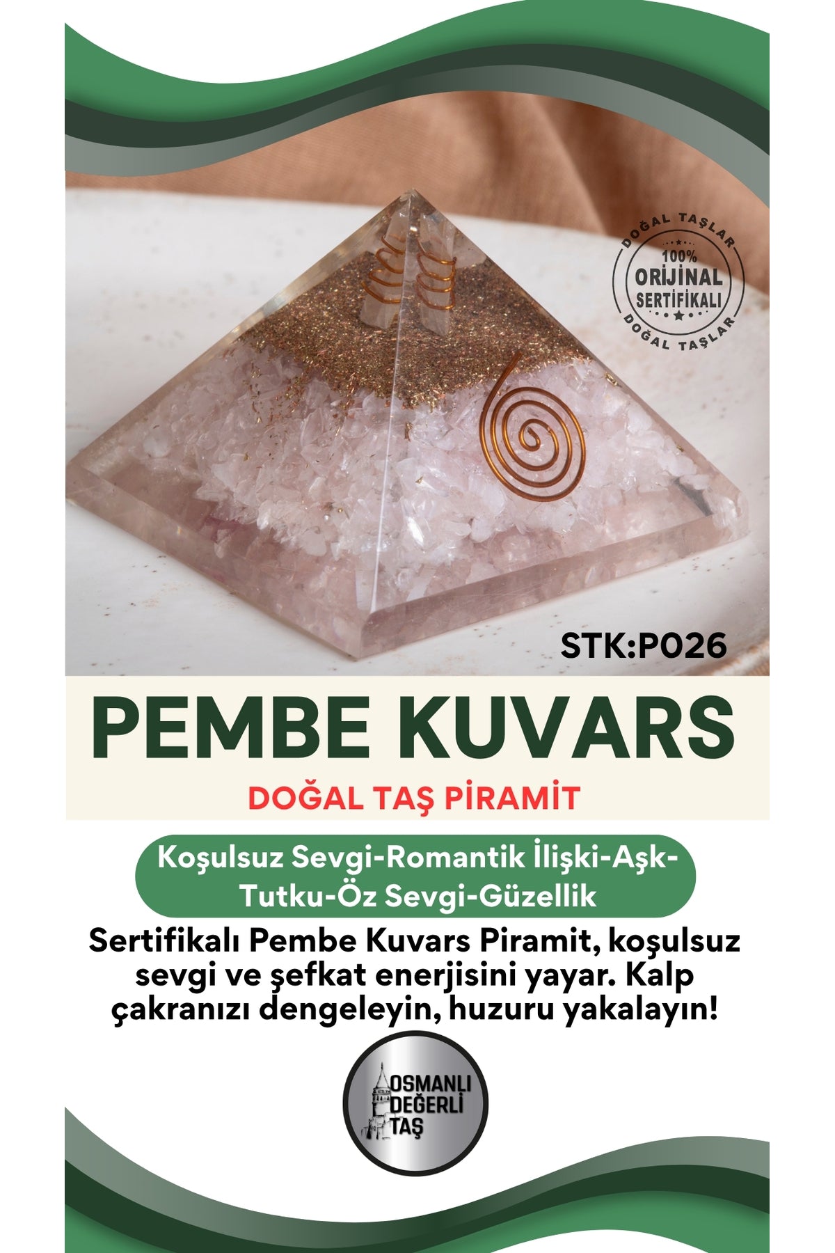 Sertifikalı Pembe Kuvars Doğal Taş Piramit No:3 P026