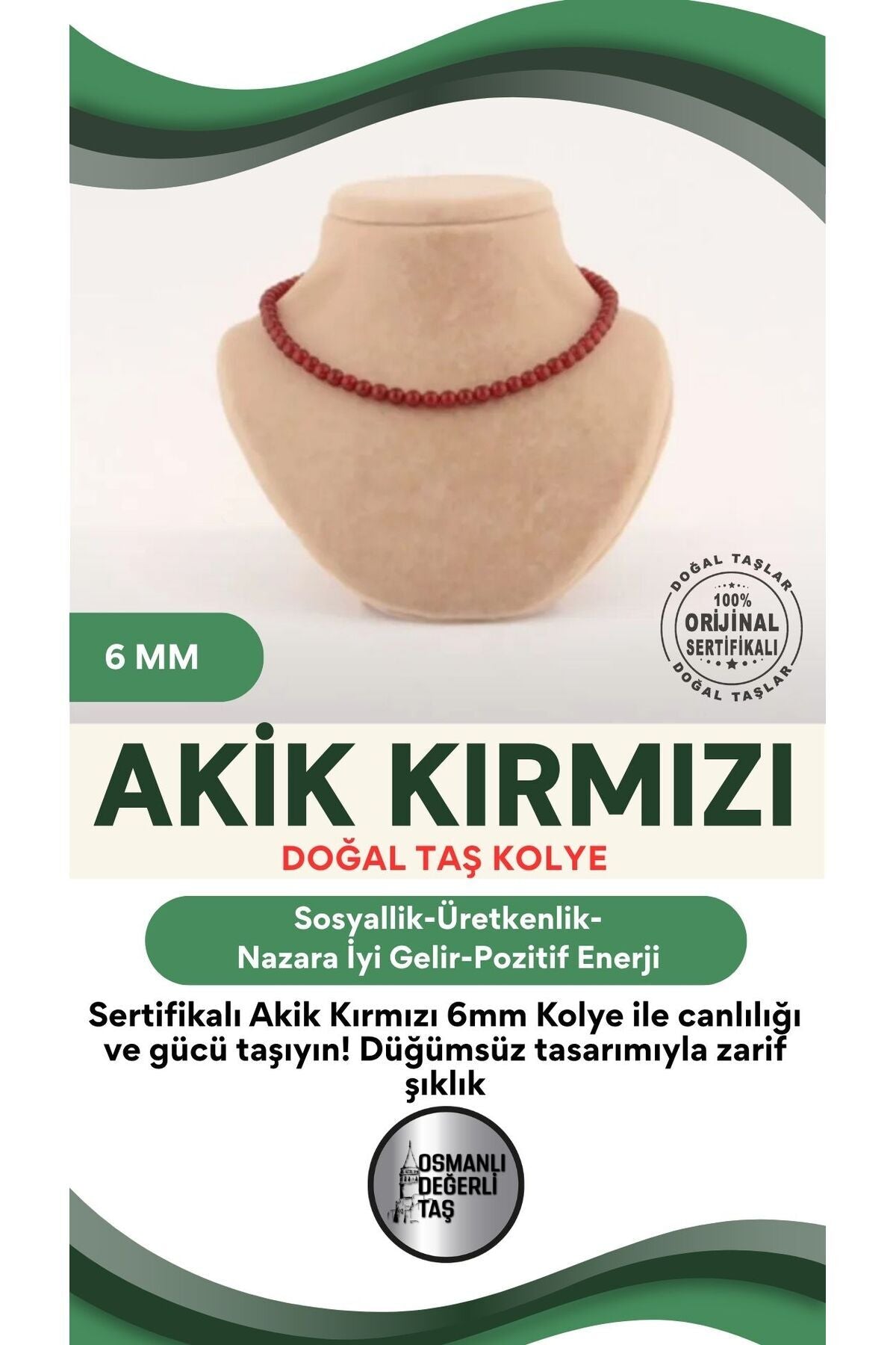 Sertifikalı Akik Kırmızı 6mm Kolye (düğümsüz)