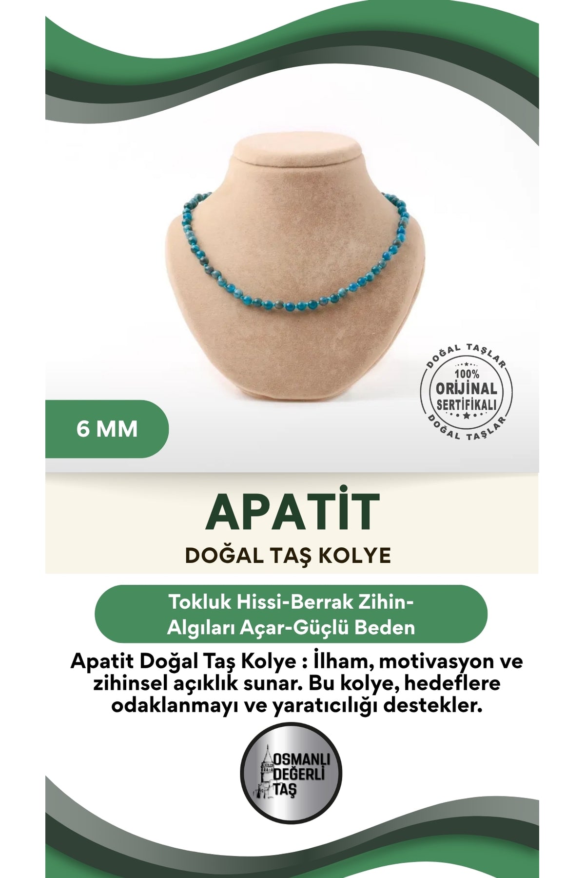 Sertifikalı Apatit Doğaltaş Kolye 6 Mm, M559