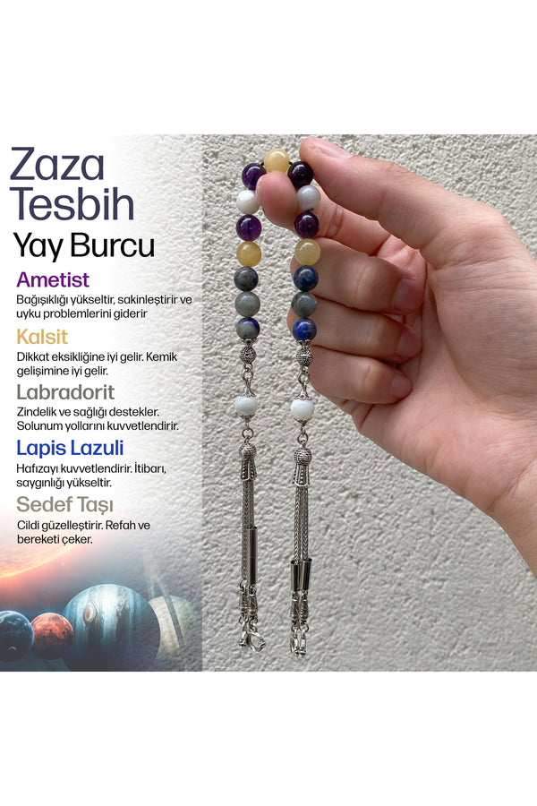 Yay Burcu Zaza Tesbih Doğal Taş Ametist, Kalsit, Labradorit, Lapis Lazuli, Sedef