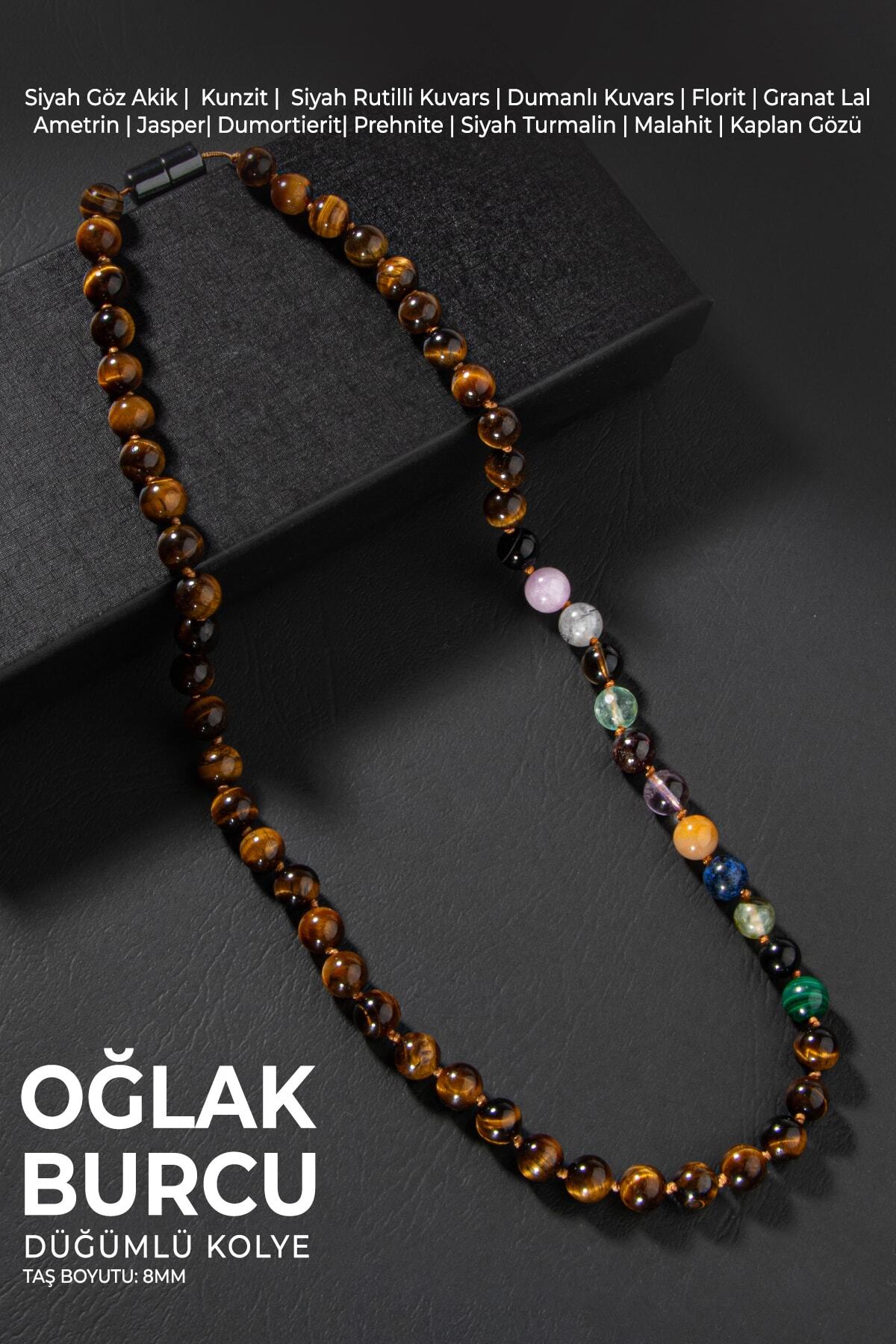 Oğlak Burcu Düğümlü Kolye Sertifikalı Doğal Taşlı (Malahit, Lal, Turmalin, Kunzit, Kaplan Gözü)