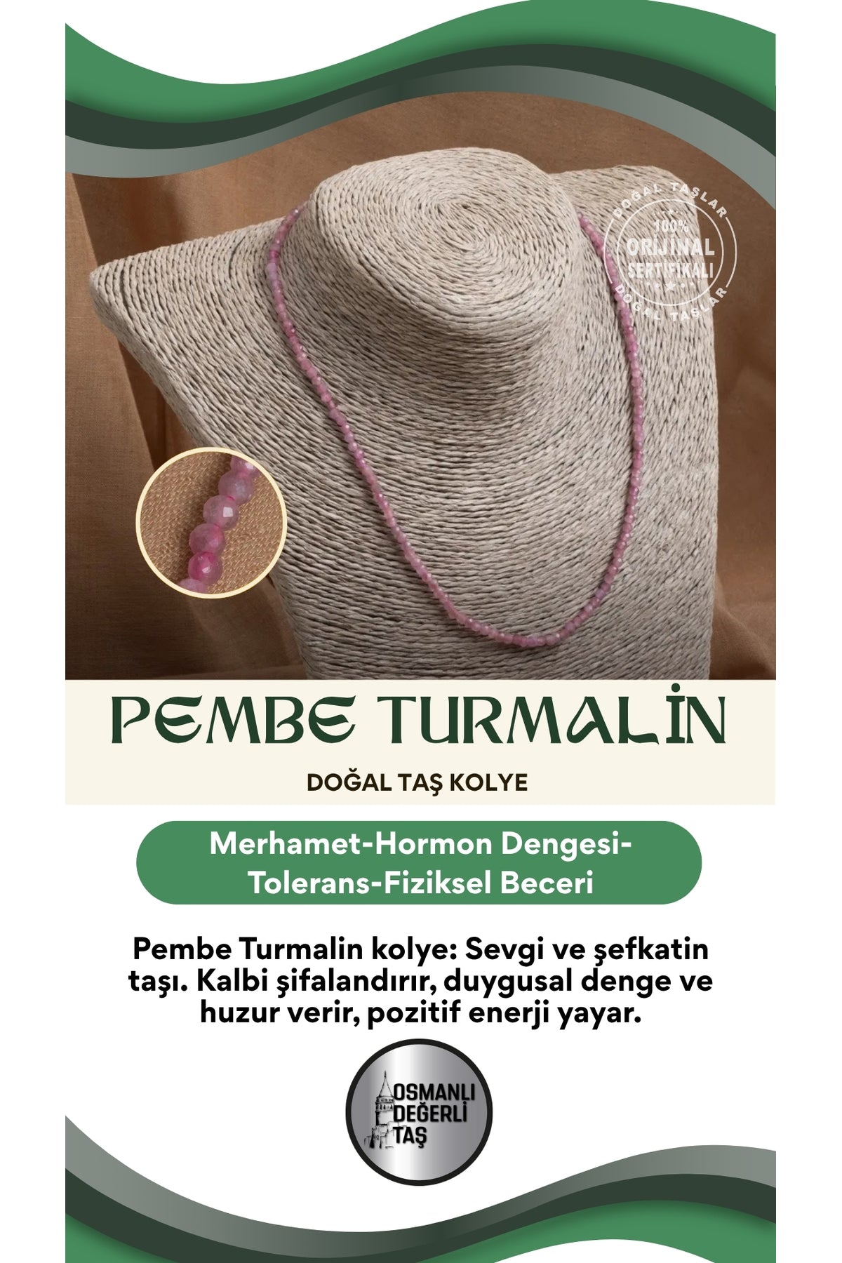 Sertifikalı Pembe Turmalin Doğal Taş Kolye