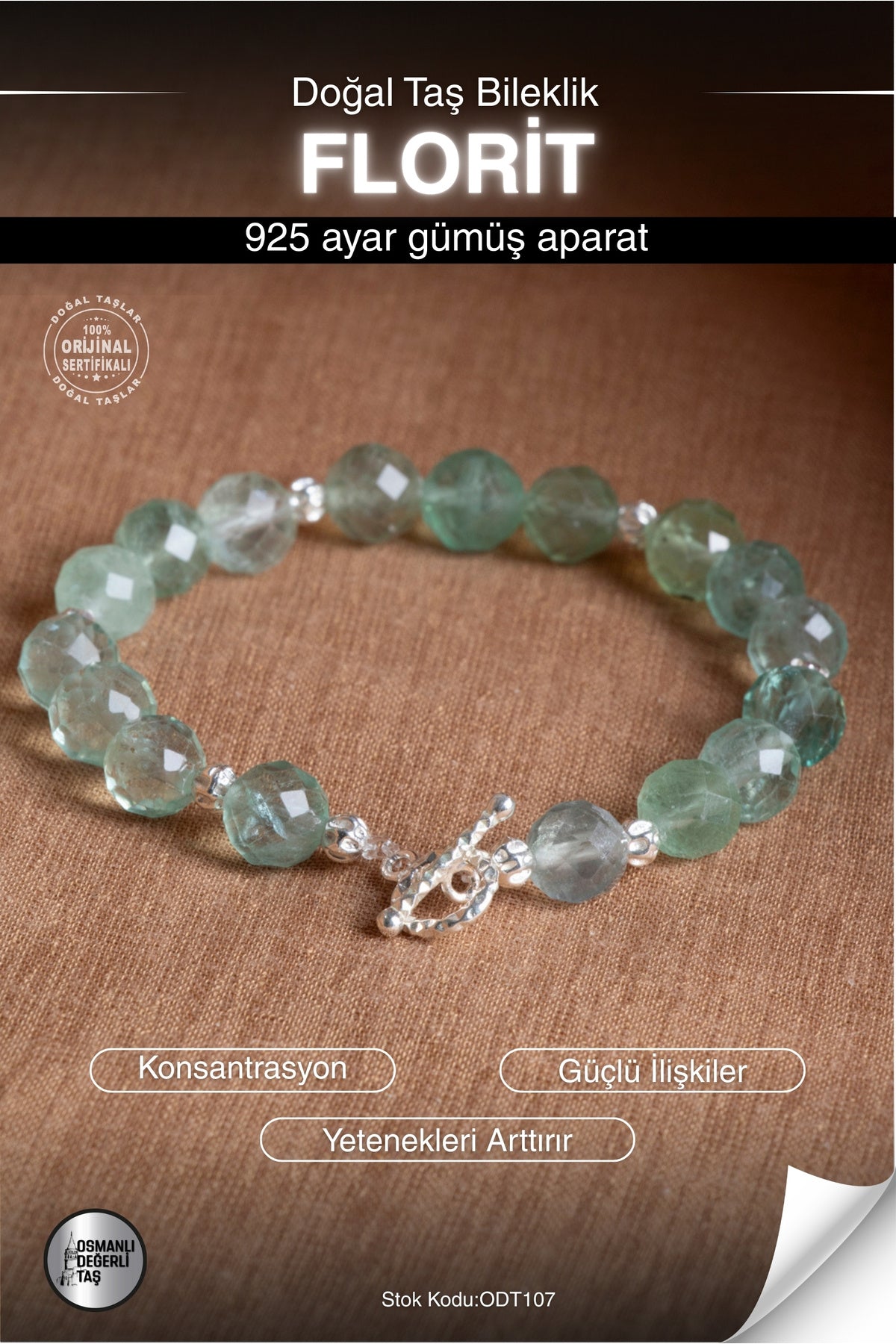 Sertifikalı Florit Doğal Taş 925 Ayar Gümüş Aparatlı Bileklik ODT107