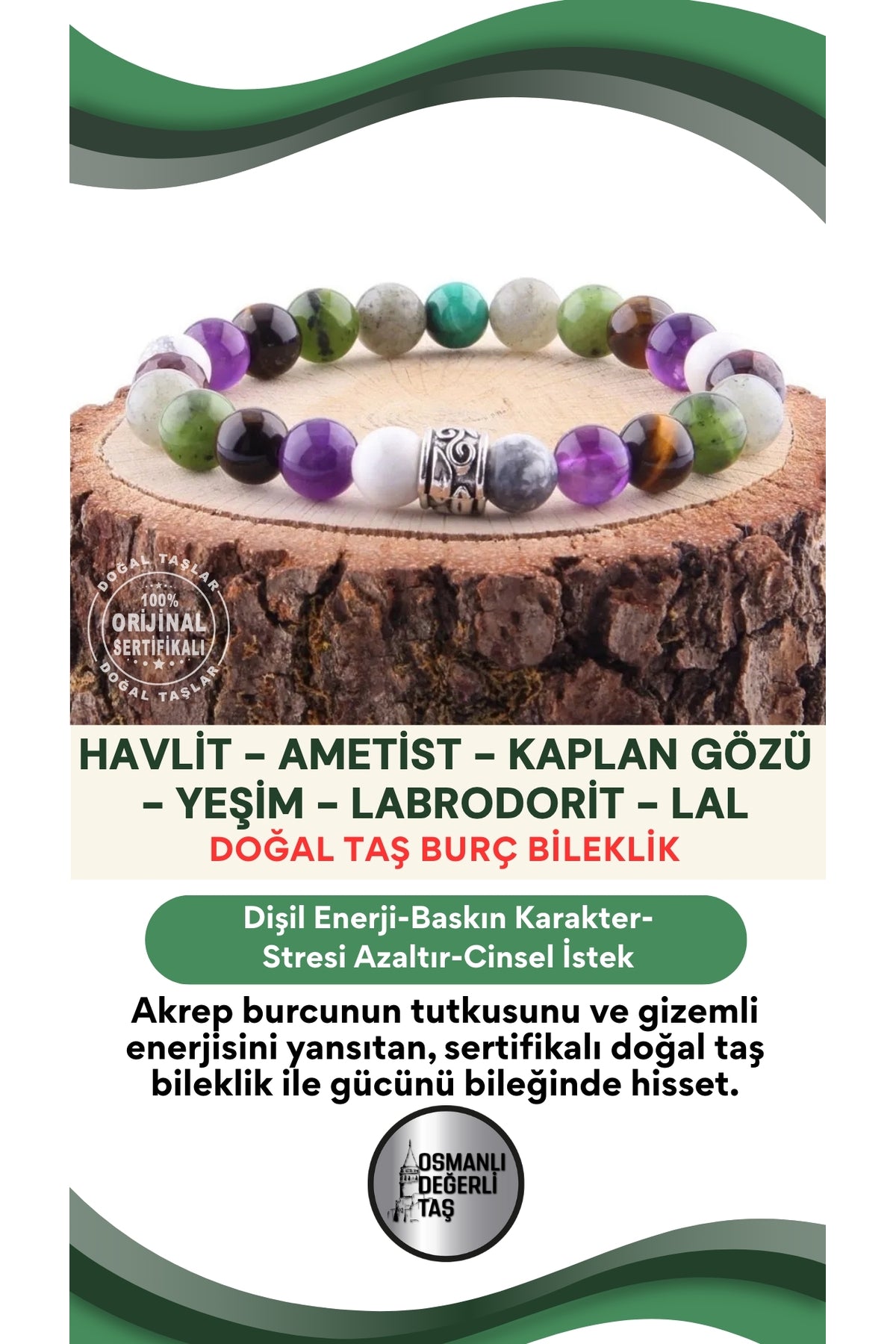 Sertifikalı Akrep Burcu Doğal Taş Bileklik B080