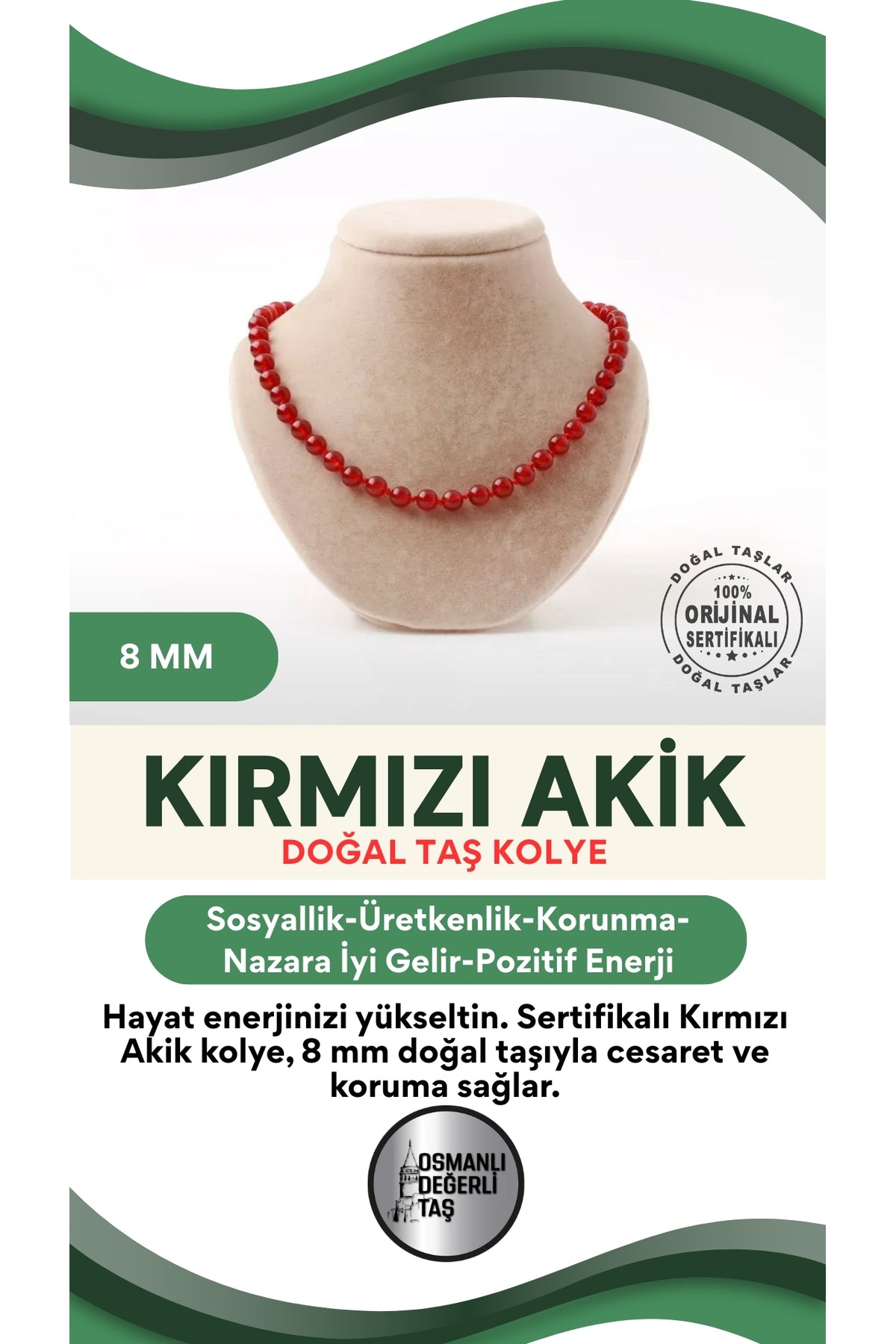 Sertifikalı Kırmızı Akik Doğaltaş Kolye 8 Mm, M513