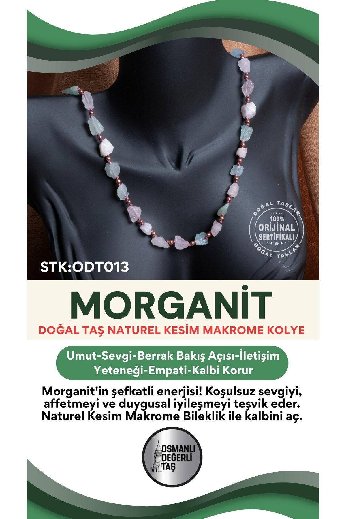 Sertifikalı Doğal Taş Morganit Naturel Kesim Makrome Kolye ODT013