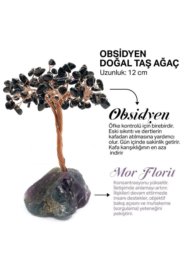 Sertifikalı Hakiki Orijinal Doğal Taş Obsidyen Ağaç - Alt Kısmı Mor Florit