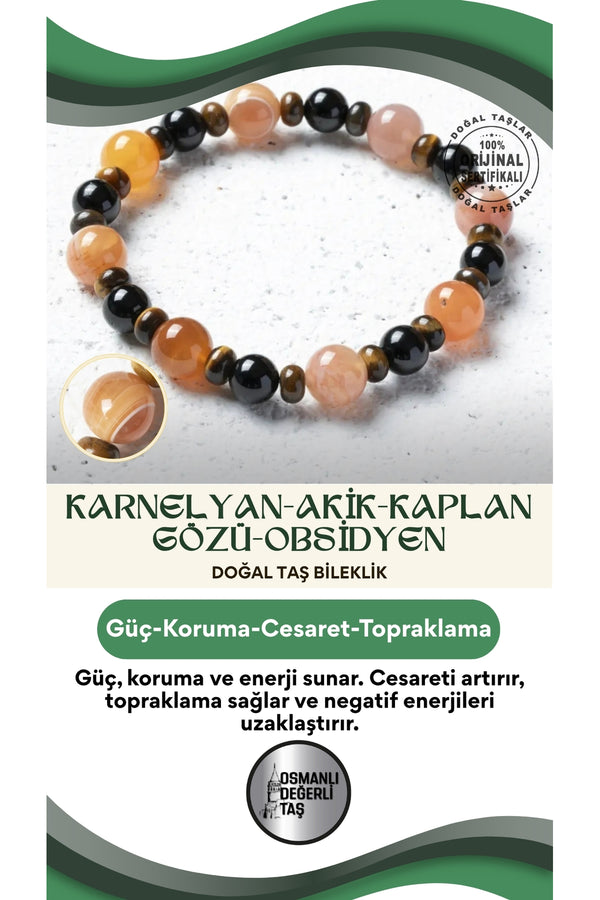 Sertifikalı Doğal Karnelyan Akik, Kaplan Gözü ve Obsidyen Bileklik – Güç, Koruma ve Enerji