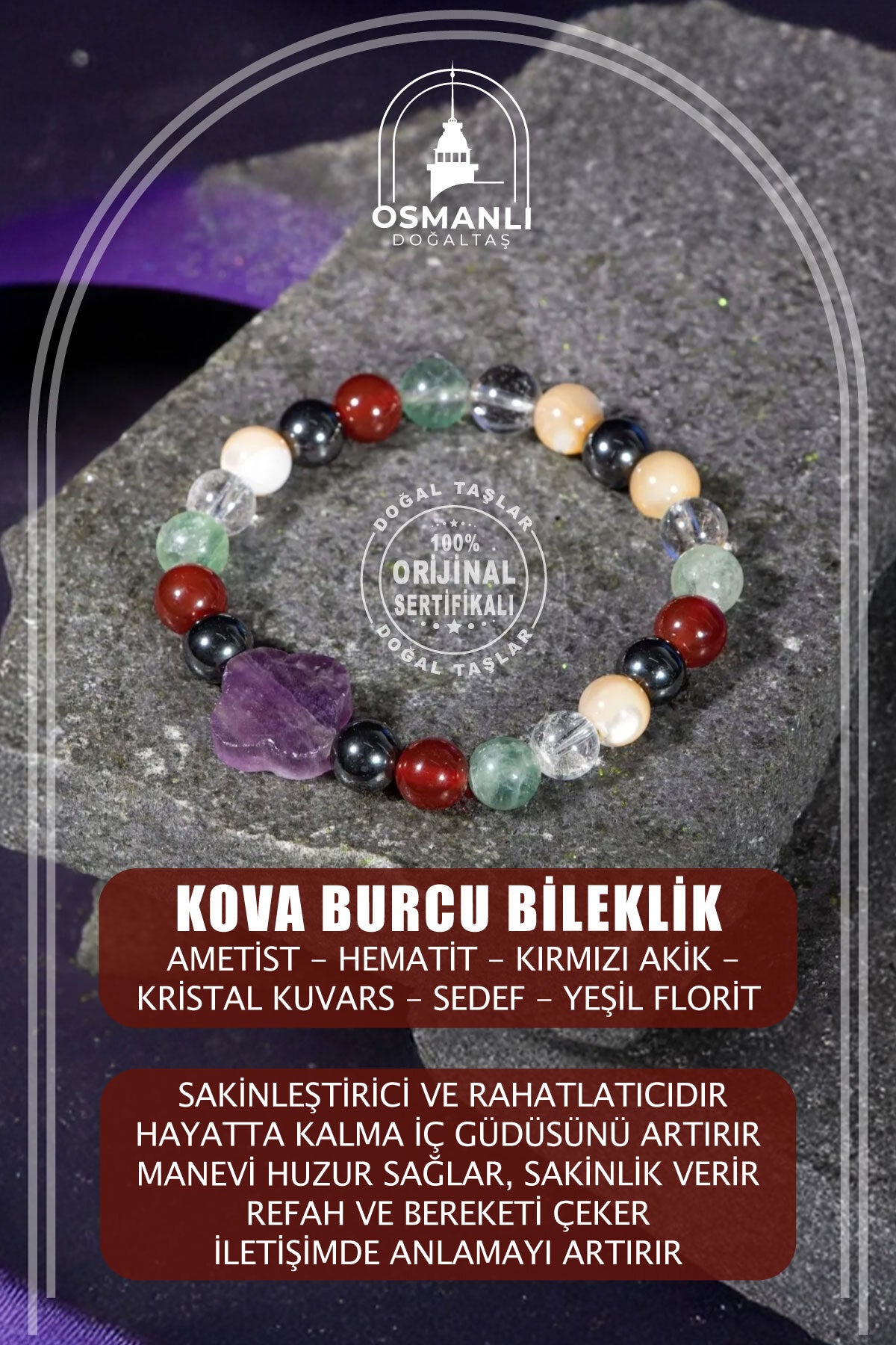 Kova Burcu Doğal Taş 8mm Yonca Bileklik